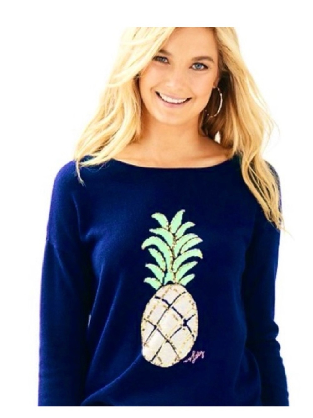 Lilly Pulitzer Navy Off-the-Shoulder Pineapple Sweater